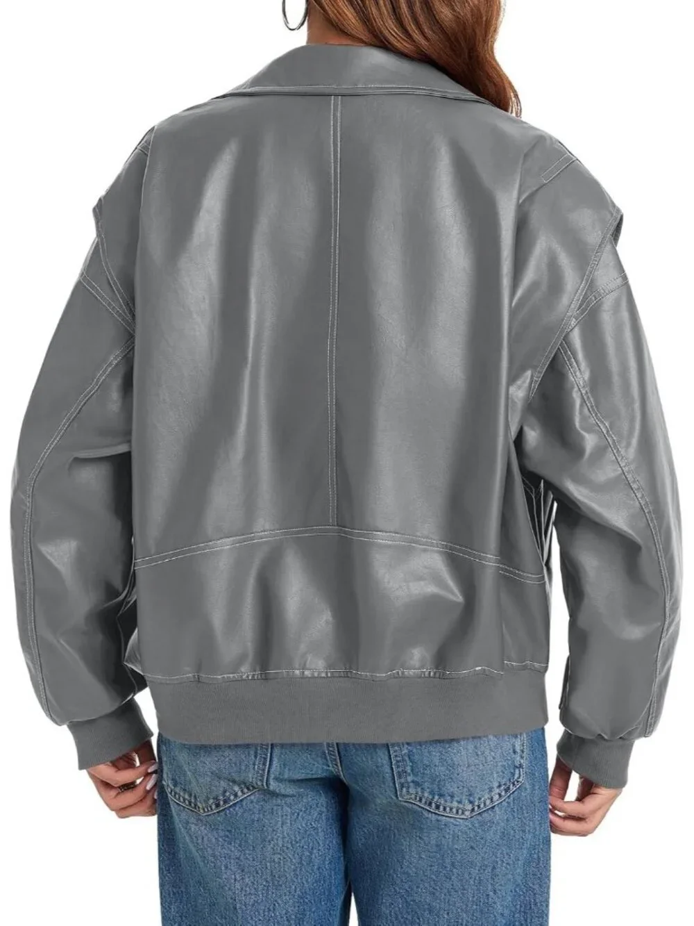 Women's Grey Oversized Faux Leather Bomber Jacket Motorcycle ZIP Up Coat
